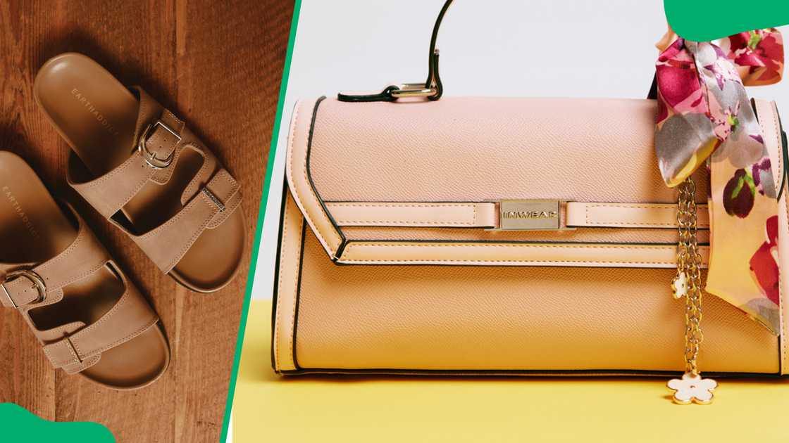 Truworths' Earthaddict Brown Double Strap sandal (L). The brand's Pink Charm and Scarf Detail Shoulder Bag (R)