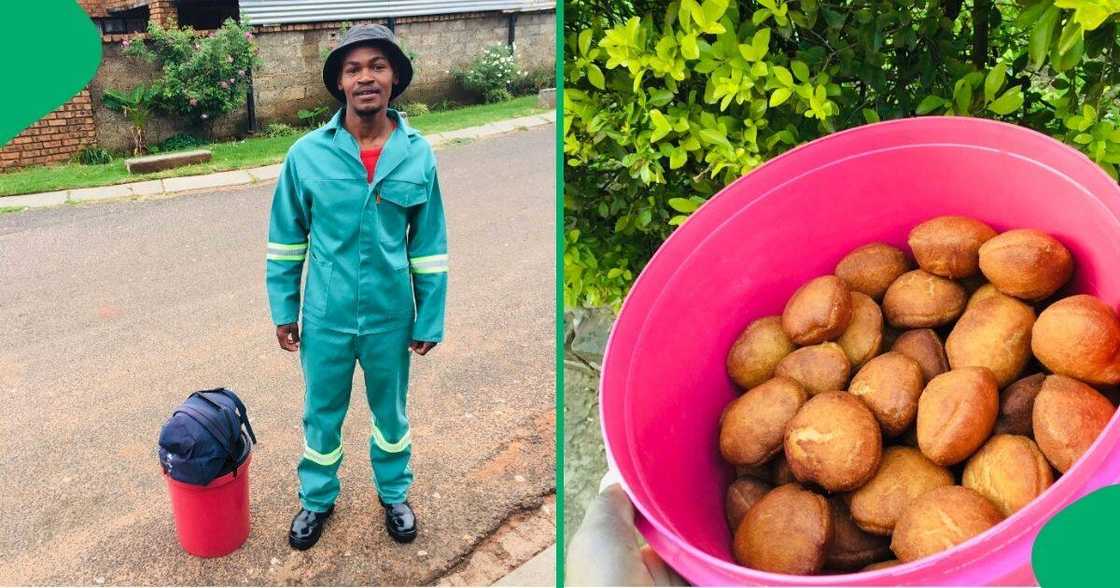 Young entrepreneur sold vetkoek from a bucket. Young entrepreneur sold vetkoek from a bucket.