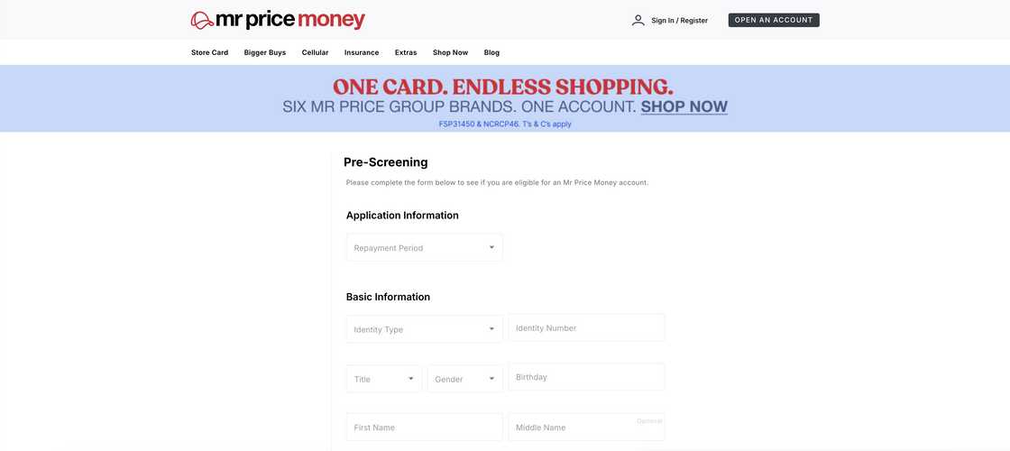 Mr Price open account opening