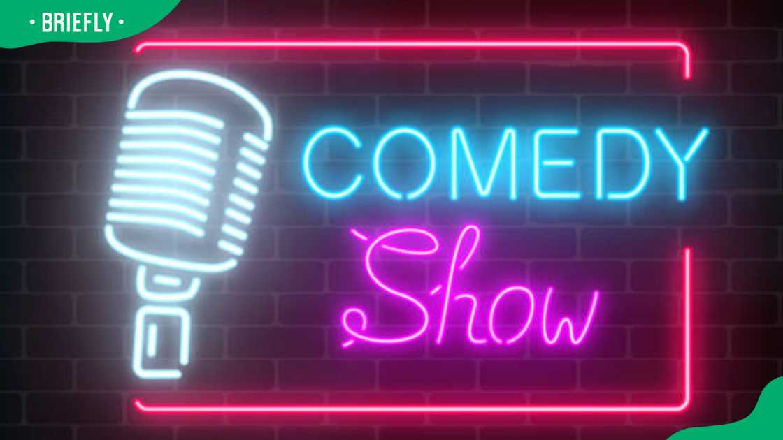 Neon comedy show sign with retro microphone on a brick wall background