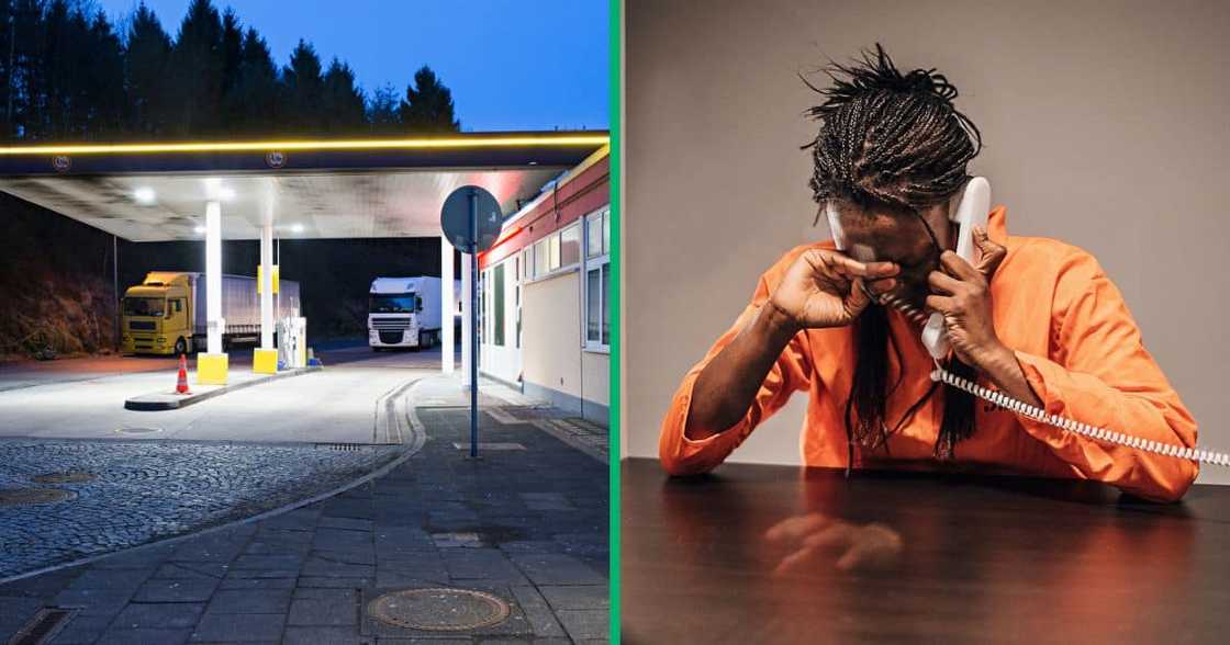 Collage image of a petrol station and a woman in prison. Collage image of a petrol station and a woman in prison.