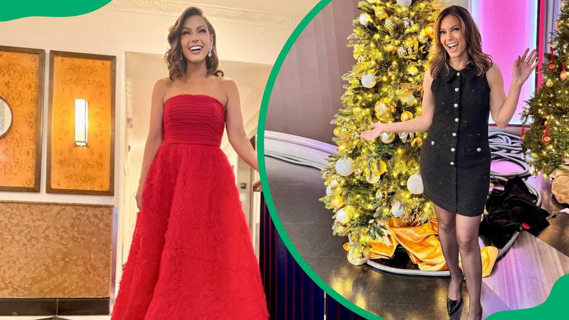 Lisa Boothe walks down a staircase in a strapless red gown and she stands in front of a Christmas tree in a short black dress Lisa Boothe walks down a staircase in a strapless red gown and she stands in front of a Christmas tree in a short black dress