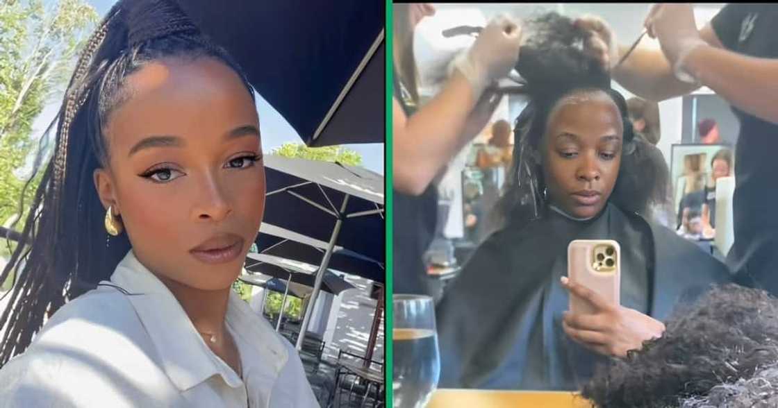 A TikTok video shows a woman getting her hair relaxed by Stellenbosch students.