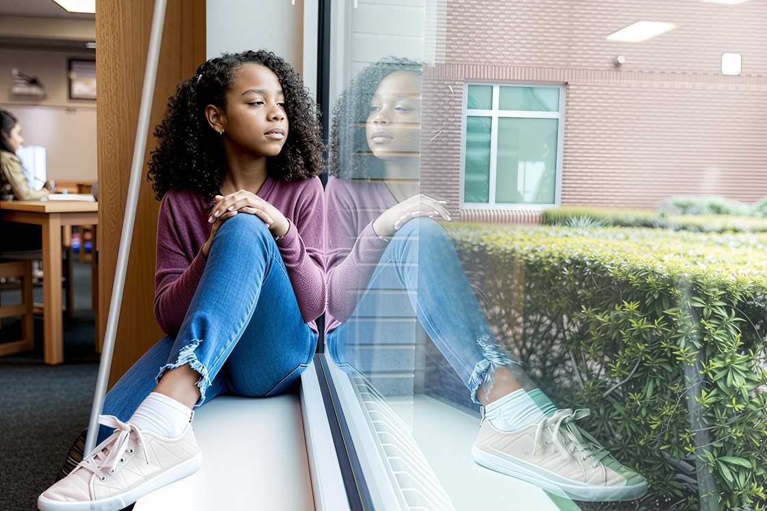 The young girl sits on the windowsill The young girl sits on the windowsill
