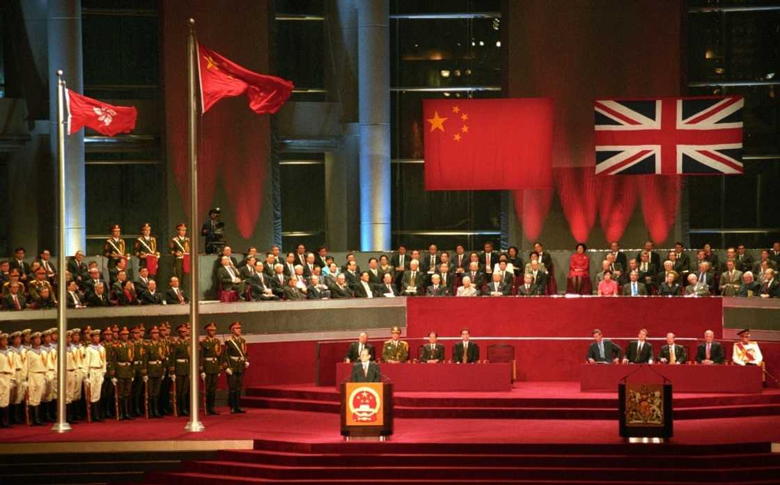 Chinese President Jiang Zemin addresses delegates during the formal handover of Hong Kong on July 1, 1997 Chinese President Jiang Zemin addresses delegates during the formal handover of Hong Kong on July 1, 1997