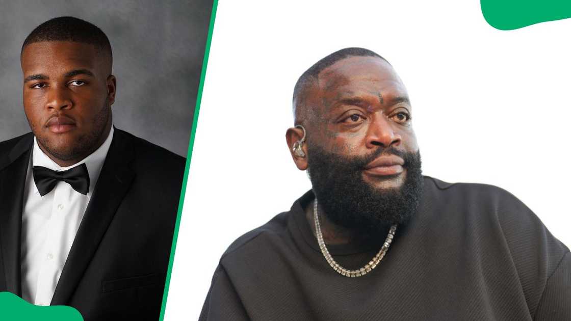 Tia Kemp's son, William, rocking a black suit (L). Rick Ross performing at Hard Rock Stadium in 2024 (R)