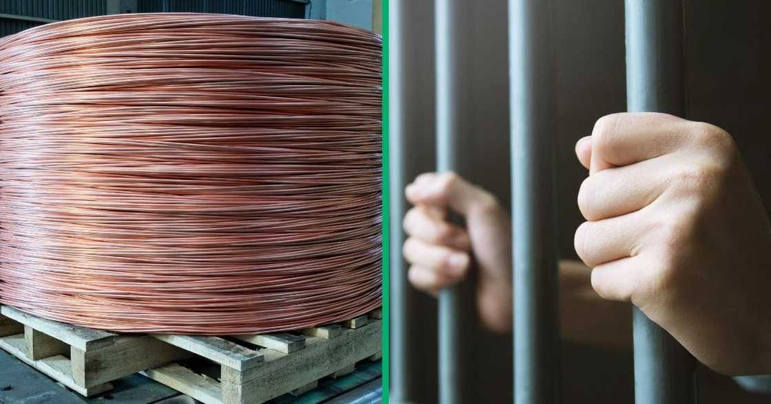 Collage image of copper cables and a man in prison Collage image of copper cables and a man in prison