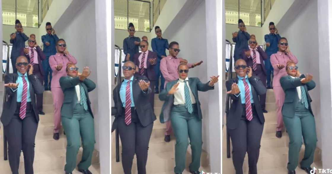 TikTok user @pearltwins2 and other women dancing in suits TikTok user @pearltwins2 and other women dancing in suits