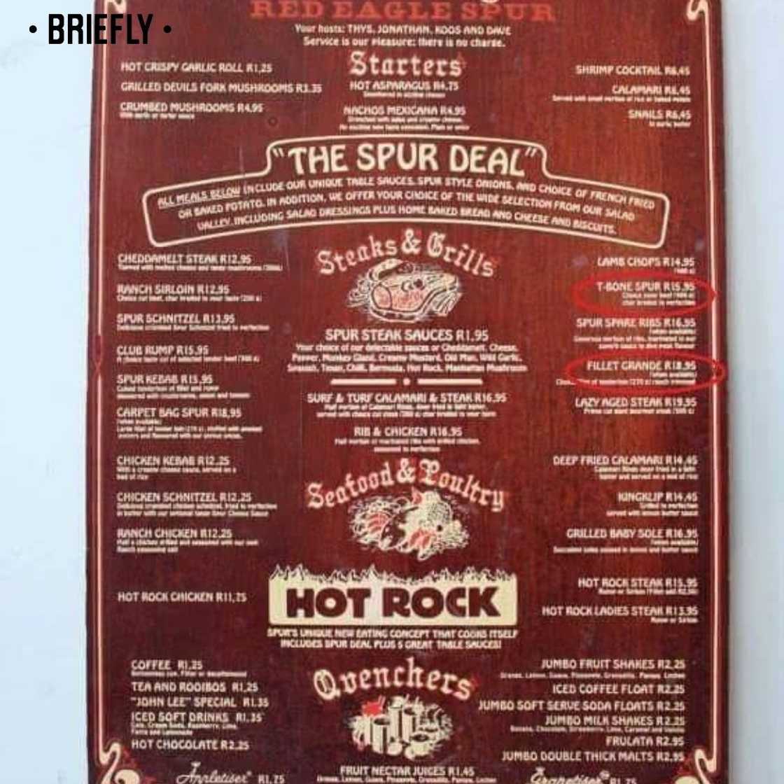 An old Spur menu.