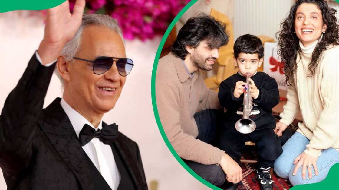 Andrea during the 2024 Academy Awards (L). Bocelli, Enrica Cenzatti and their son, Amos, posing for a photo in 1997 (R) Andrea during the 2024 Academy Awards (L). Bocelli, Enrica Cenzatti and their son, Amos, posing for a photo in 1997 (R)