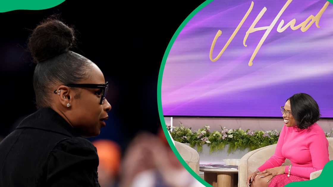 Jennifer Hudson attends the game between the New York Knicks and the Golden State Warriors (L) and on "The Jennifer Hudson Show" (R) Jennifer Hudson attends the game between the New York Knicks and the Golden State Warriors (L) and on "The Jennifer Hudson Show" (R)