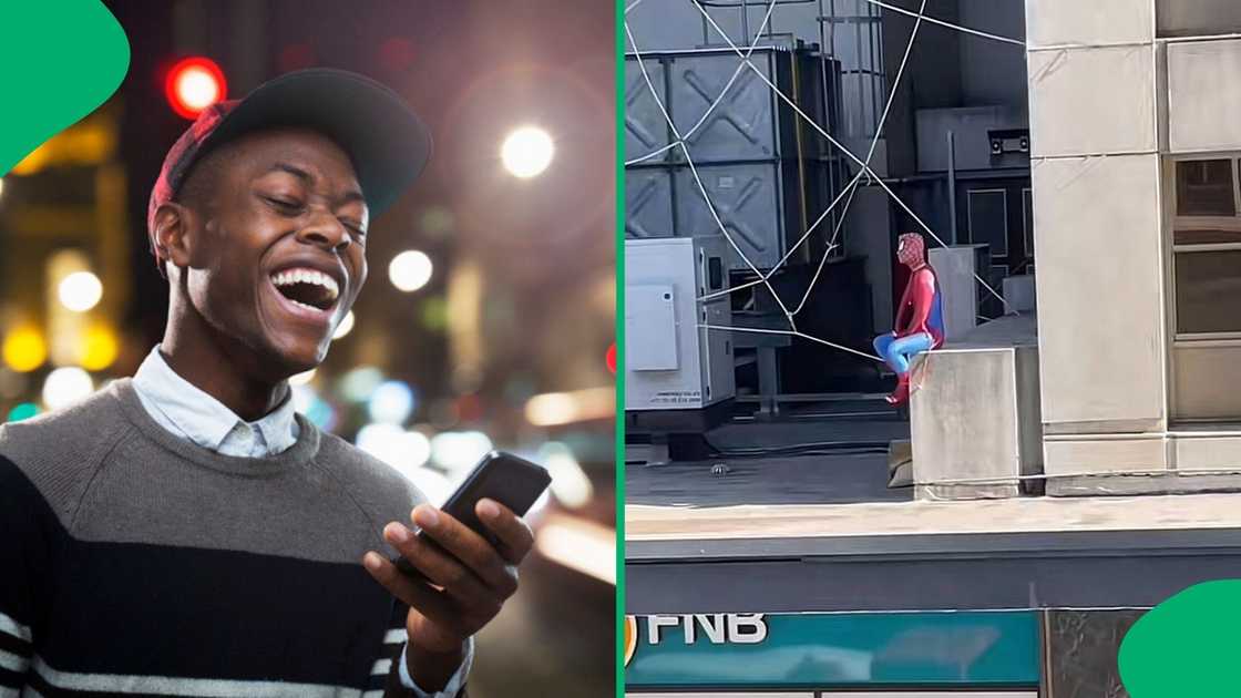 A Tiktok video shows a gent dressed as Spider-Man on FNB roof A Tiktok video shows a gent dressed as Spider-Man on FNB roof
