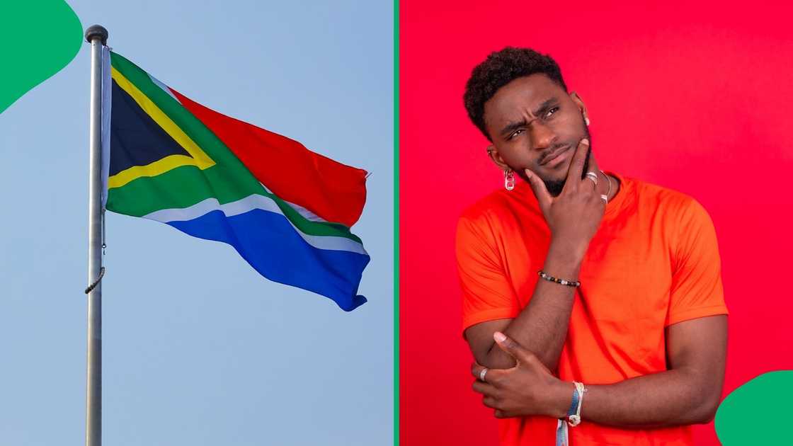 A photo of a man deep in thought next to a South African flag. South Africans are wondering why so many foreigners are employed in government posts.