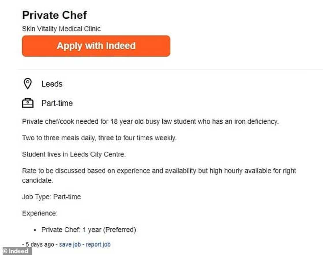 Parents advertise chef, nanny vacancies for their 18-year-old daughter studying law Parents advertise chef, nanny vacancies for their 18-year-old daughter studying law