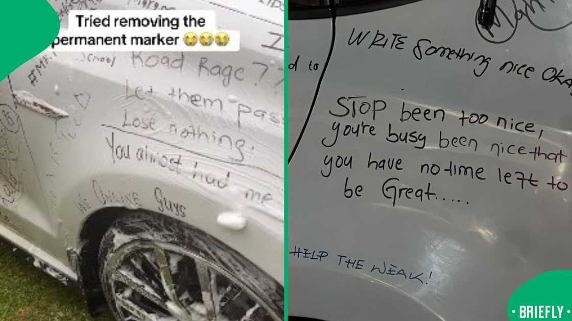 The picture on the right showed a writing on the car prompting people to write on the car