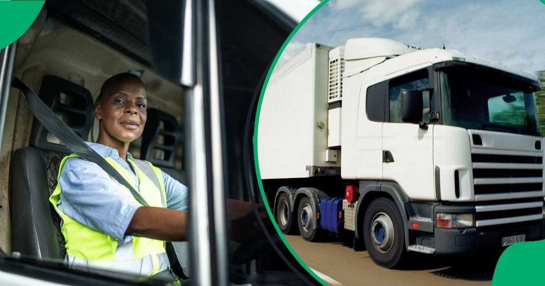 A woman impressively drove a large truck through a tight spot with ease.