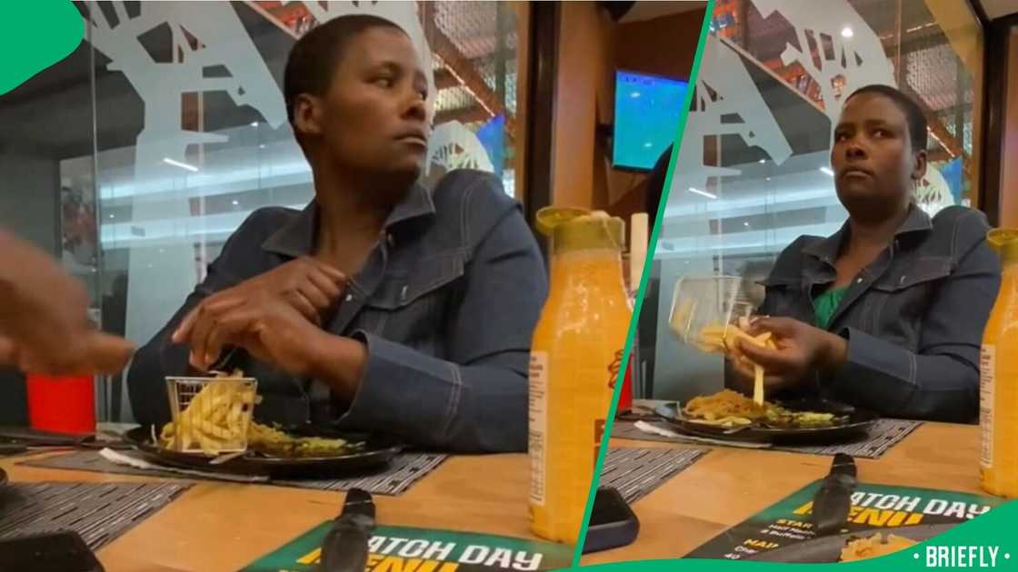A woman in South Africa amused Mzansi as she was captured sneaking food into her top at a restaurant.