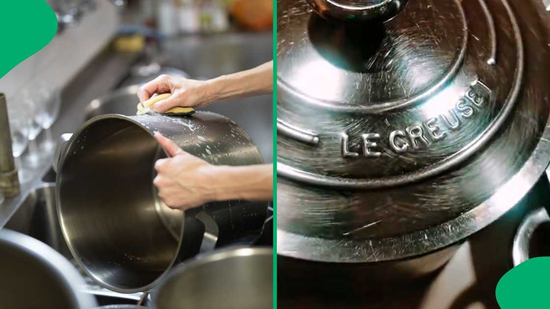 Stainless steel pots get a new look after getting a steel wool wash.