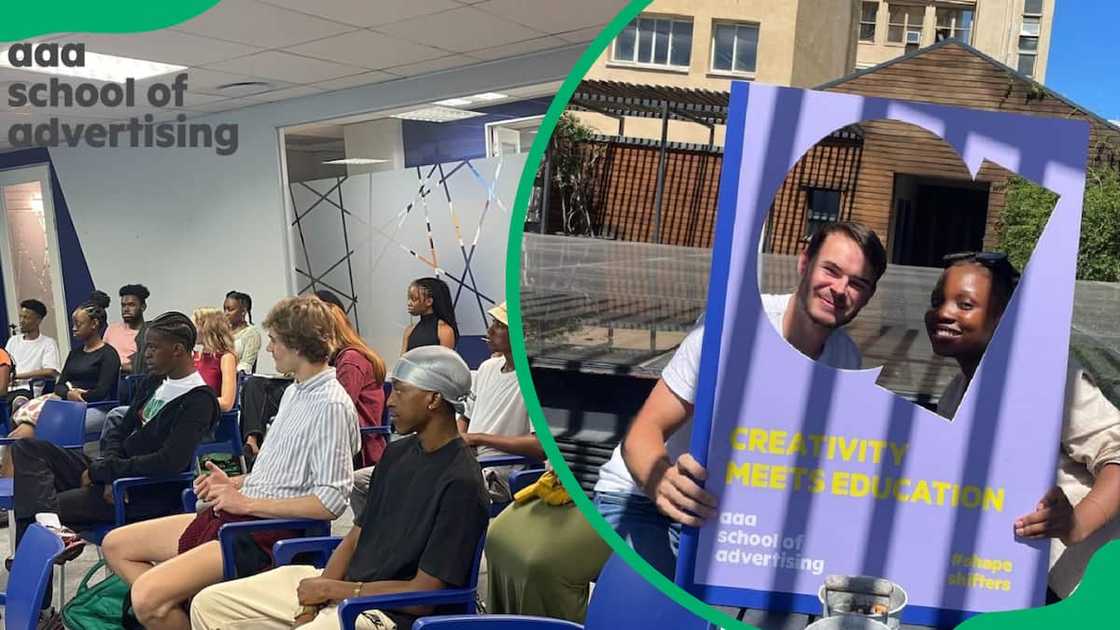 AAA School of Advertising students in a hall and two posing with an AAA poster AAA School of Advertising students in a hall and two posing with an AAA poster