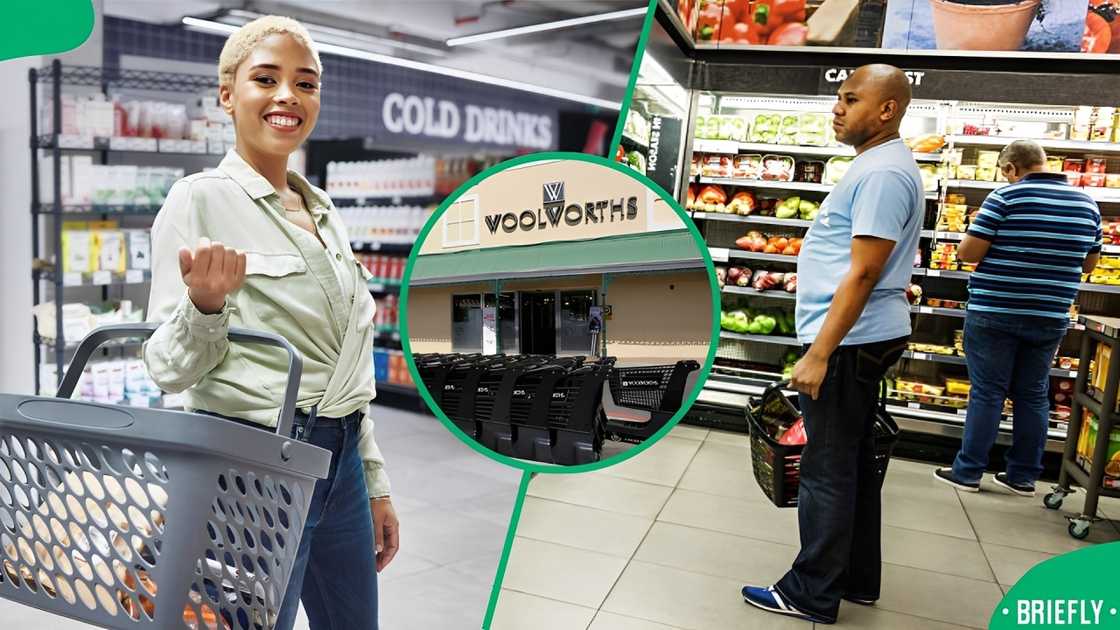 A man and woman holding shopping baskets at a grocery store