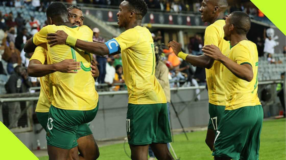 Lyle Foster celebrates with teammates after scoring a goal during the 2025 CAF Africa Cup of Nations Group K qualifying match between South Africa and Uganda. Photo: Phill Magakoe.