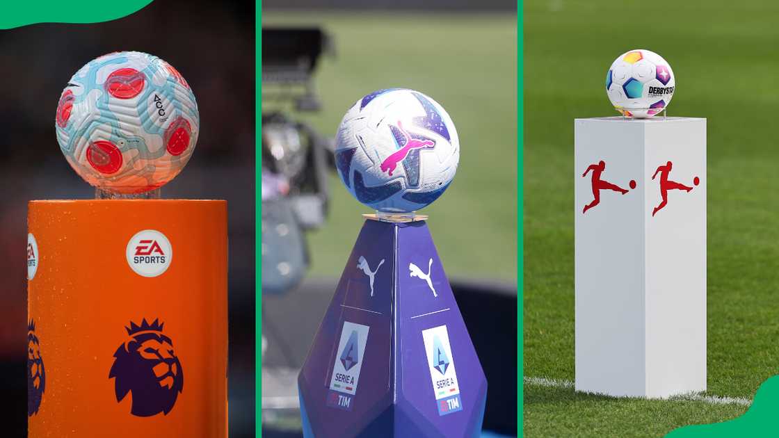 Premier League, Serie A, and Bundesliga soccer balls before kickoff Premier League, Serie A, and Bundesliga soccer balls before kickoff