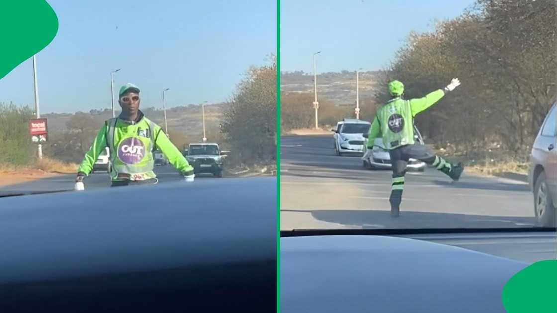 A traffic director showed positive energy on the road. A traffic director showed positive energy on the road.
