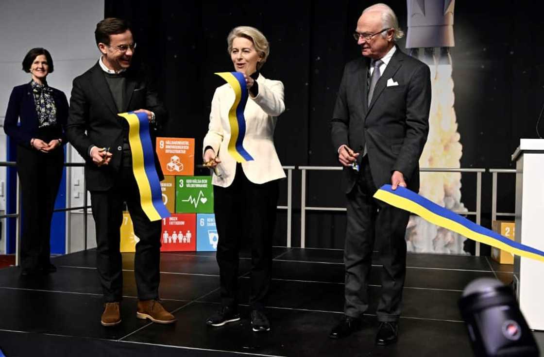 Sweden's Prime Minister Ulf Kristersson, left, European Commission President Ursula von der Leyen and Sweden's King Carl XVI Gustaf at the Esrange launching site Friday