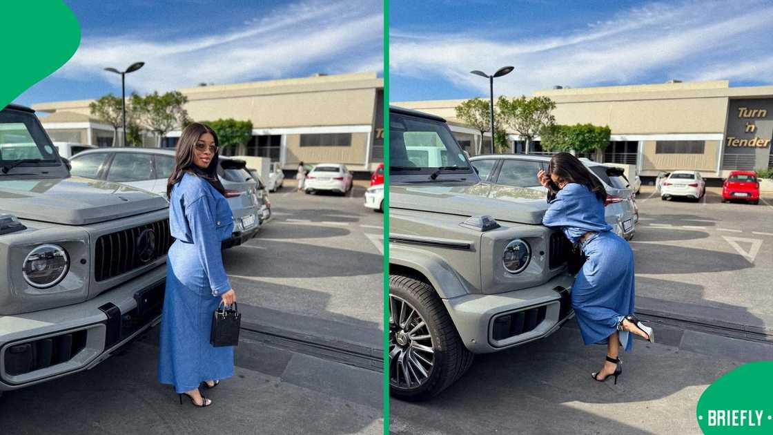 Nare Mautjane poses next to her Mercedes-Benz.