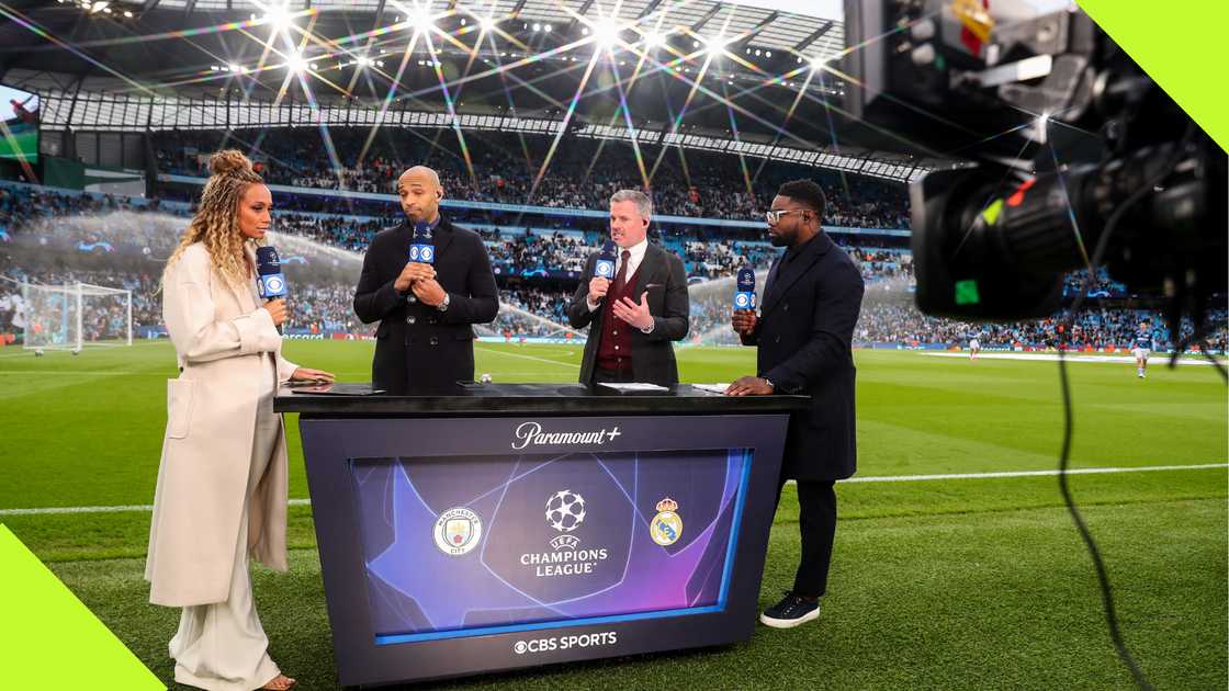 Kate Abdo working for CBS Sports alongside pundits, Thierry Henry, Jamie Carragher and Micah Richards during the UEFA Champions League tie between Manchester City and Real Madrid. Photo: Robbie Jay Barratt.