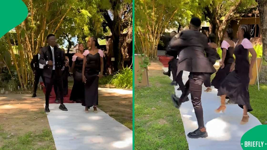 A bridal party danced at a wedding reception.