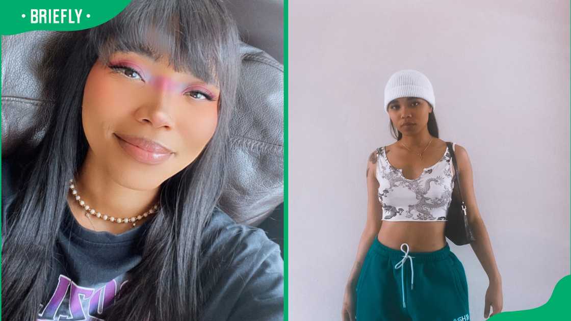 L: Sammie Heavens in a black t-shirt. R: Sammie in a white scarf and green sweat pants. L: Sammie Heavens in a black t-shirt. R: Sammie in a white scarf and green sweat pants.