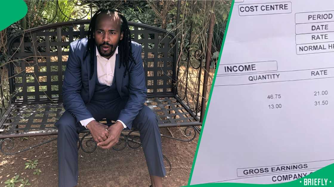 Hiding the person's name on the payslip, the man showed their R1.4K weekly salary Hiding the person's name on the payslip, the man showed their R1.4K weekly salary