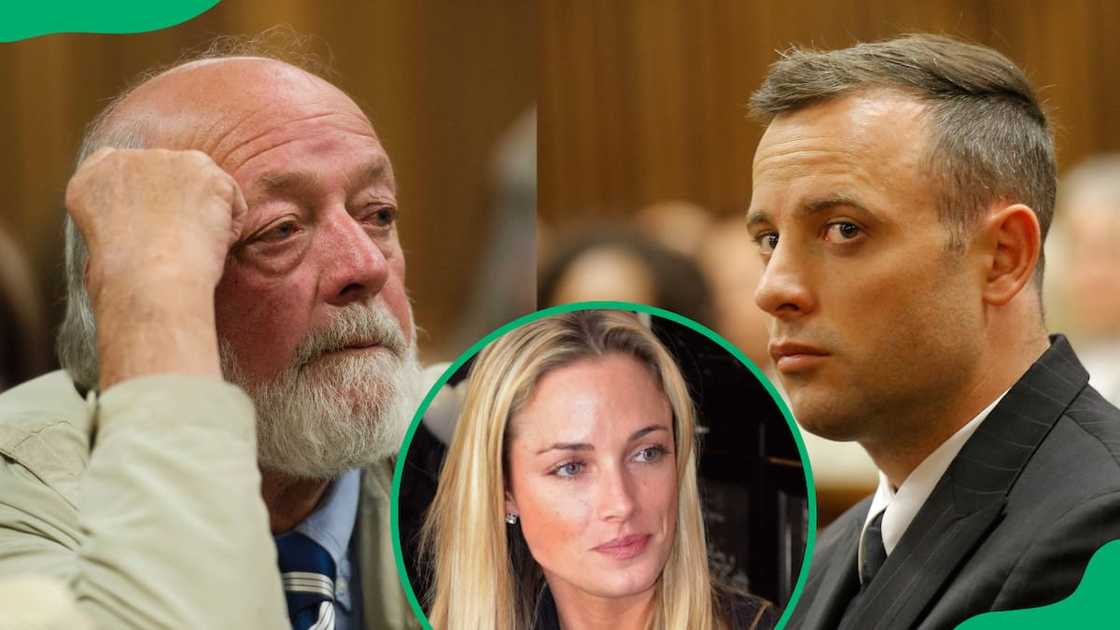 Collage of Reeva's father, Barry, and Oscar Pistorius during a trial session