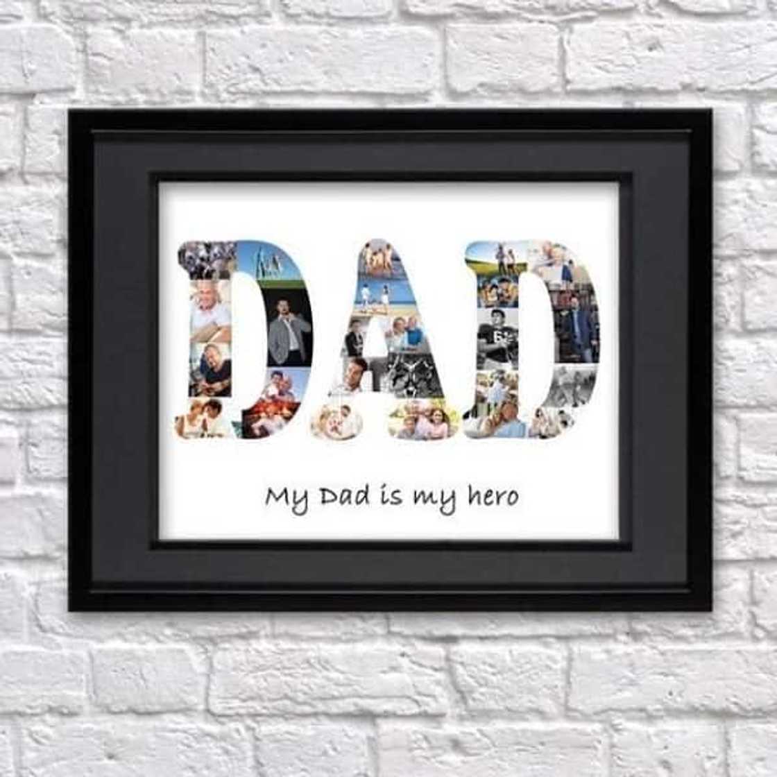 A photo frame with a photo collage spelling the word "DAD" and the words "My Dad is my here" at the bottom A photo frame with a photo collage spelling the word "DAD" and the words "My Dad is my here" at the bottom