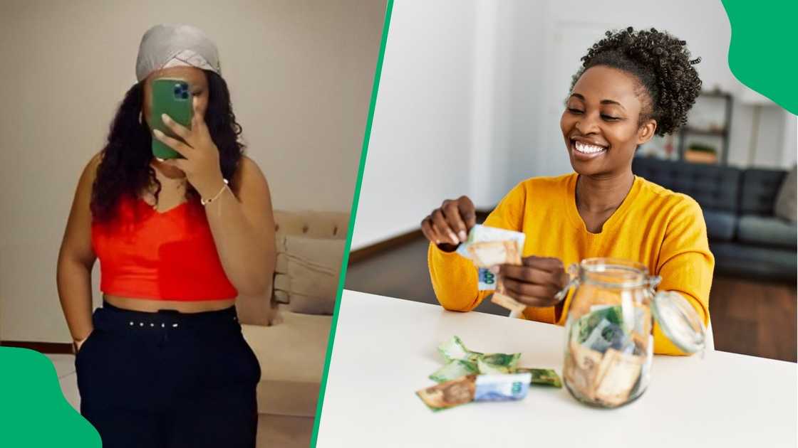 A young woman received her two-pot retirement funds. A young woman received her two-pot retirement funds.