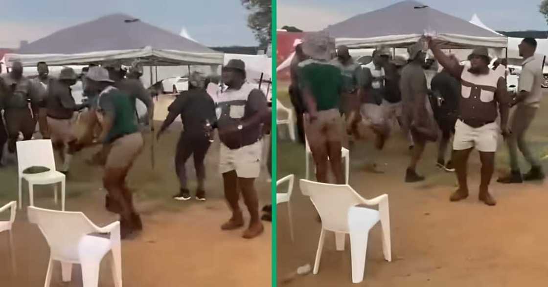 A TikTok video shows a group of men dancing. A TikTok video shows a group of men dancing.