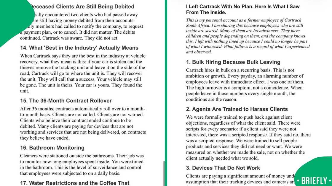 The image detailed numbered points accusing the vehicle tracking company of severe workplace surveillance, high staff turnover, and continuous billing errors.