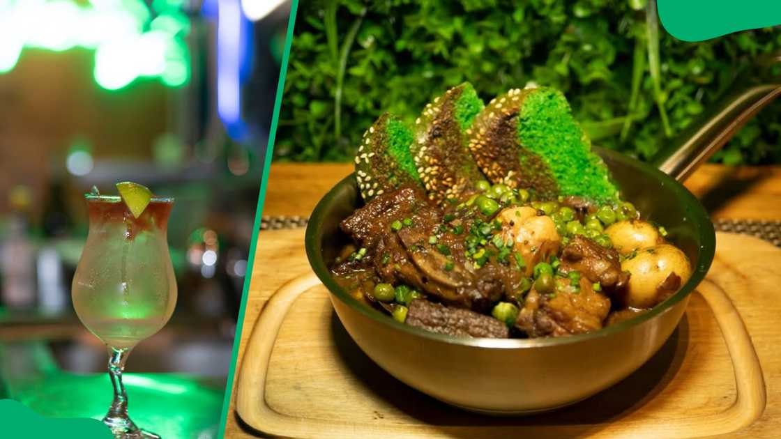 Cocktail (L). Grilled meat (R) Cocktail (L). Grilled meat (R)