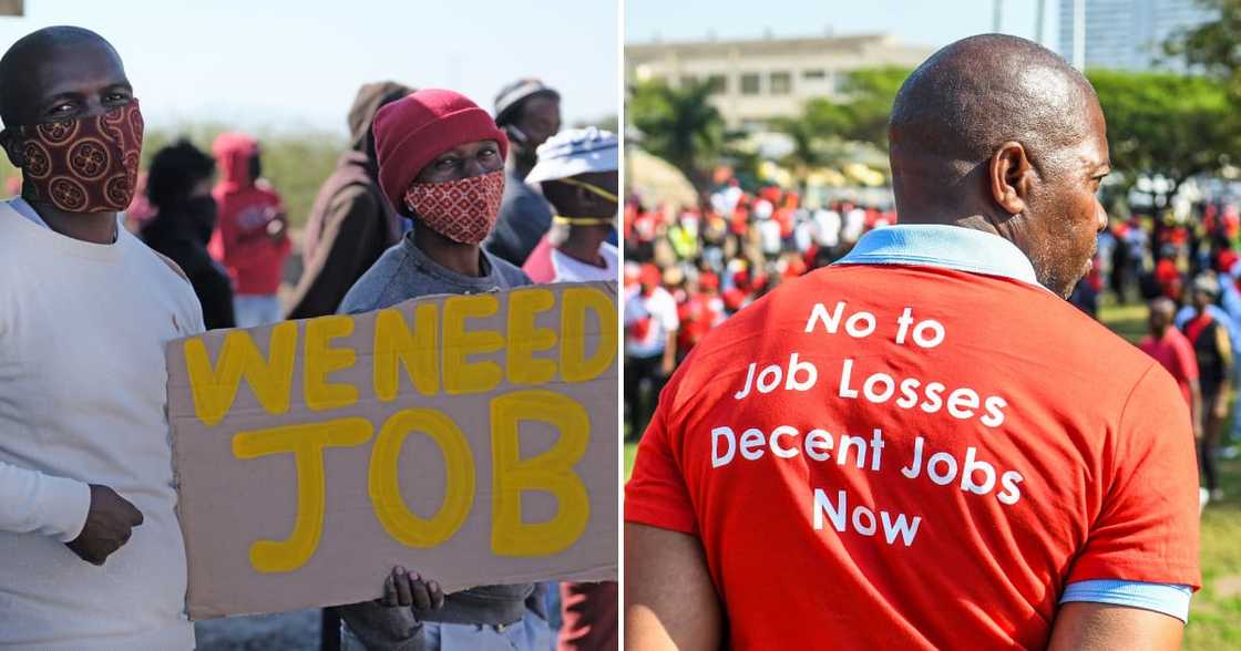 Protesters display a jobseeking placard near the Seraleng mining community