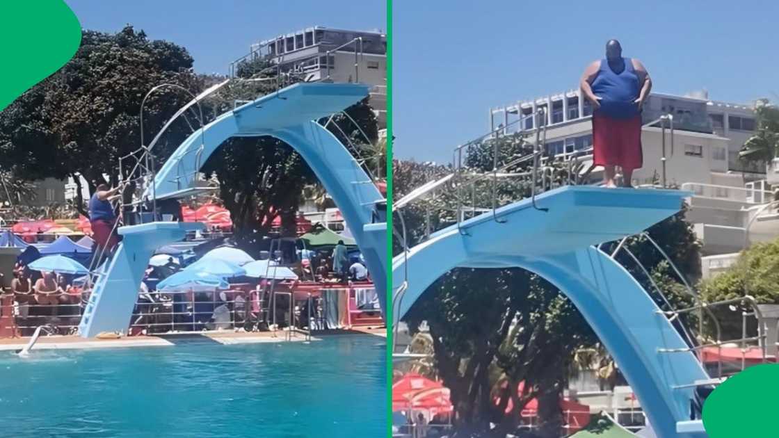 A man did a belly flop into a swimming pool.