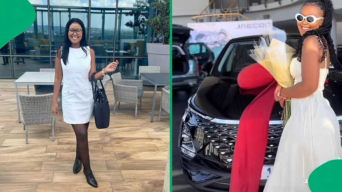 A woman showed off her first car in a TikTok video. A woman showed off her first car in a TikTok video.
