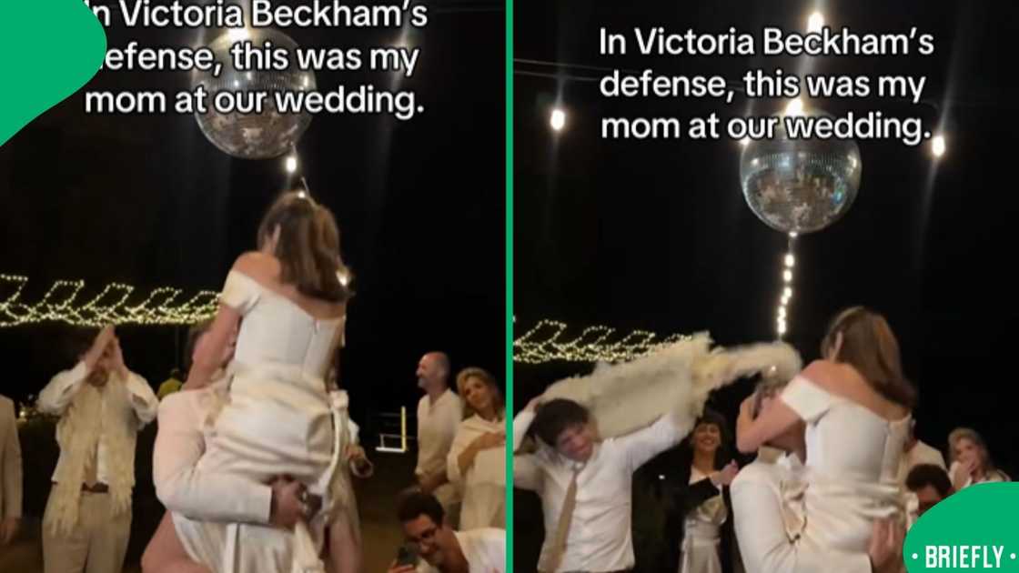 The screenshot on the right captured the moment the groom's mother was lifted by a man at a wedding The screenshot on the right captured the moment the groom's mother was lifted by a man at a wedding