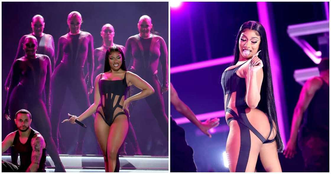 Megan The Stallion performs in racy out at Billboard Awards. Megan The Stallion performs in racy out at Billboard Awards.