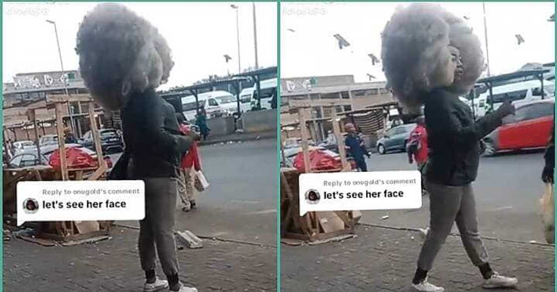 Lady's strange-looking hairstyle captivates attention on the road