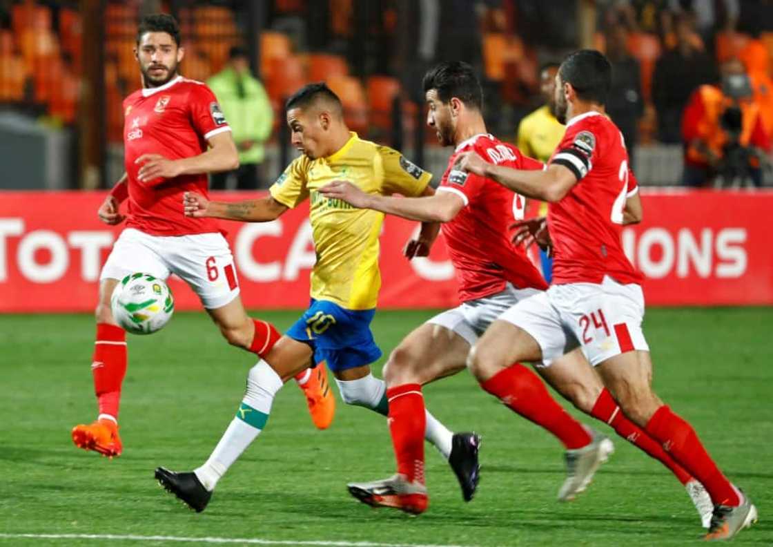 Gaston Sirino (2L) scored twice for Mamelodi Sundowns of South Africa in a 7-0 CAF Champions League drubbing of La Passe from the Seychelles.