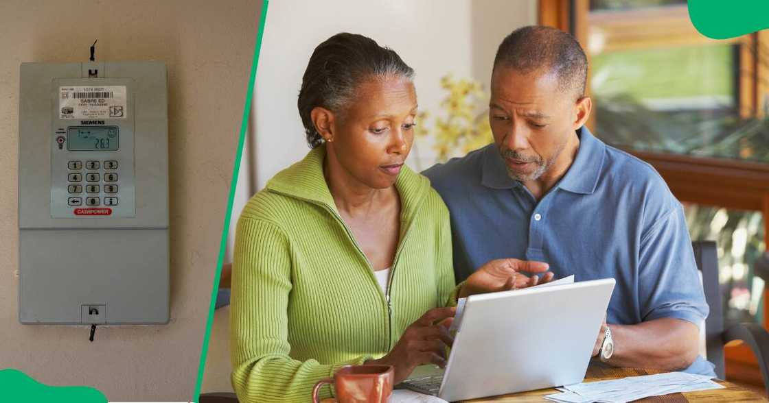 Couple look over latest bill for prepaid electricity. Couple look over latest bill for prepaid electricity.