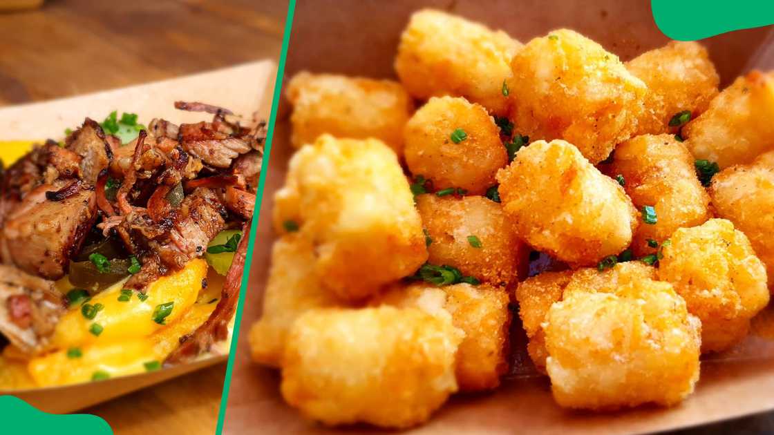 Brisket-loaded fries (L). Tater Tots (R) Brisket-loaded fries (L). Tater Tots (R)