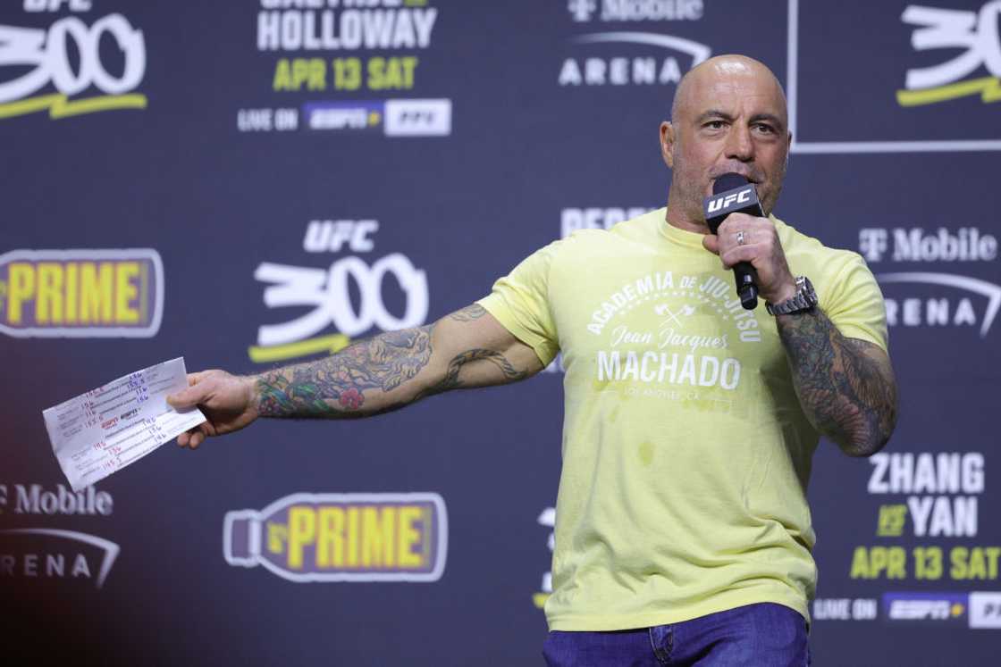 Joe Rogan MC's during the UFC 300 ceremonial weigh-in Joe Rogan MC's during the UFC 300 ceremonial weigh-in
