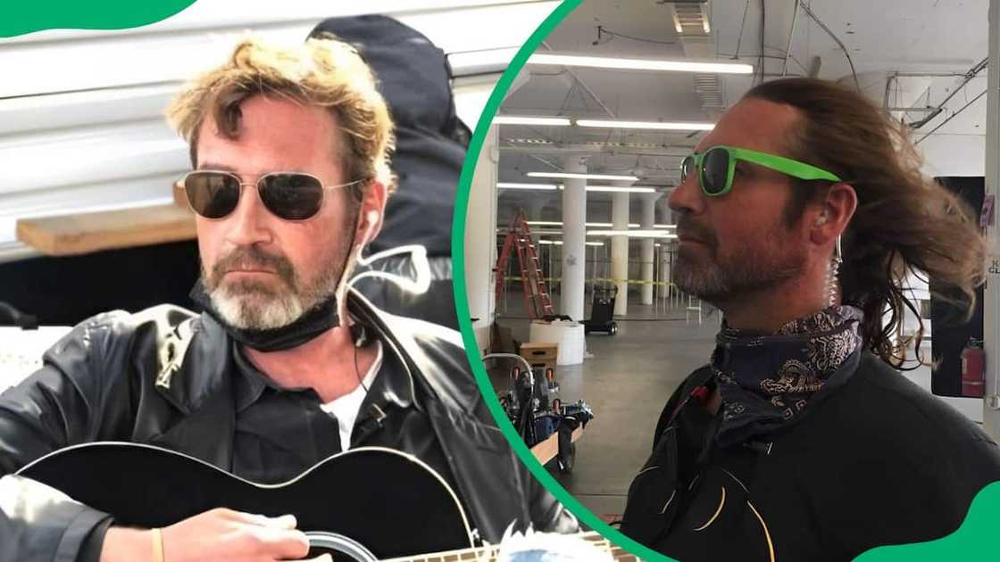Christian Gutkowski playing his guitar (L). The associate director wearing green sunglasses (R) Christian Gutkowski playing his guitar (L). The associate director wearing green sunglasses (R)